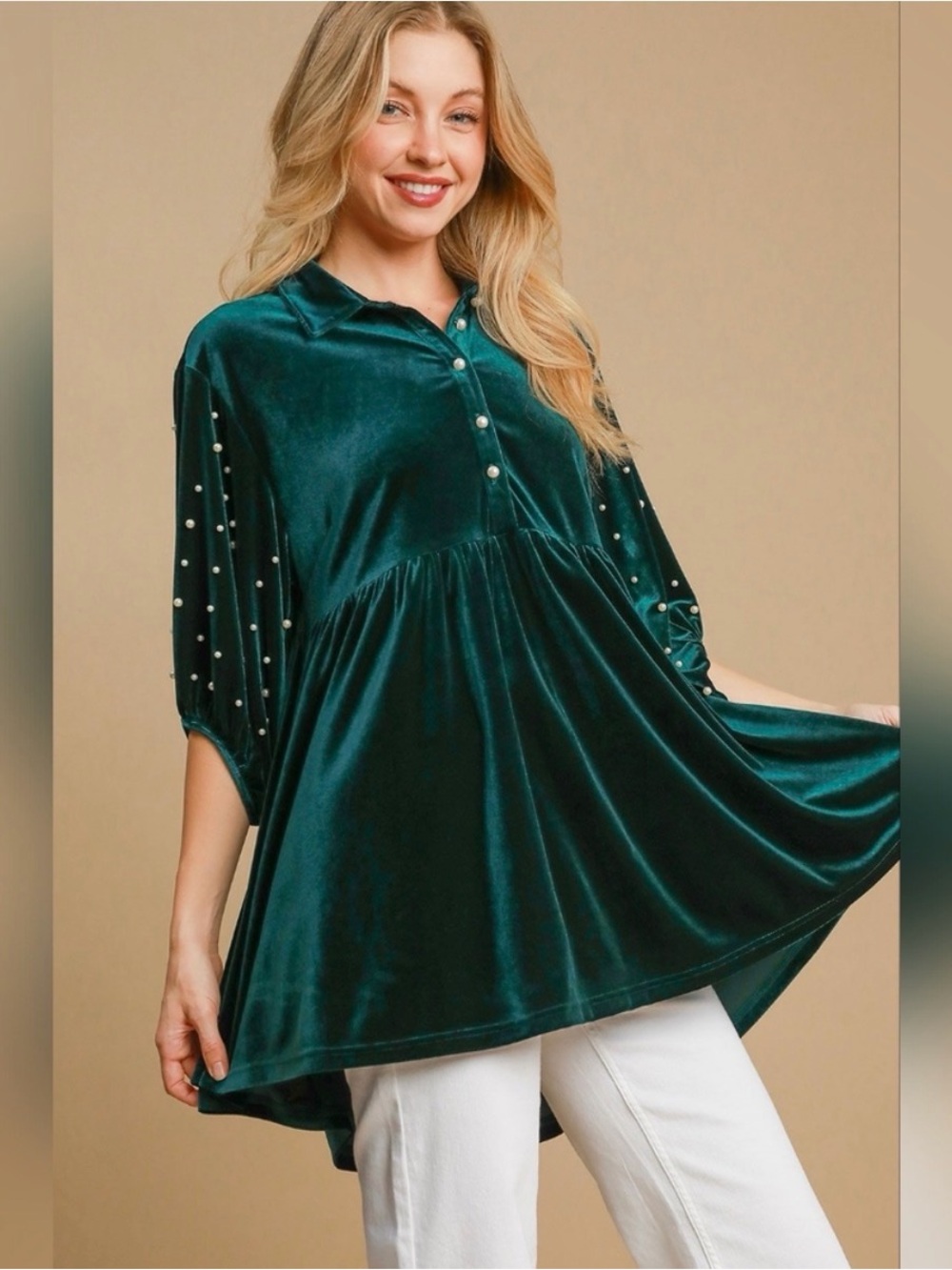 Umgee Emerald Green Velvet Babydoll Top with Pearl-Studded Sleeves